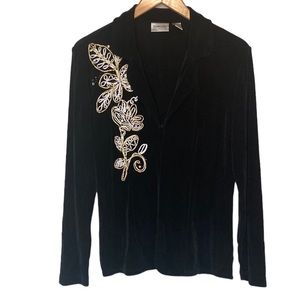Chico's Travelers Long Sleeve Embroidered Black Gold Acetate Jacket 1(M)